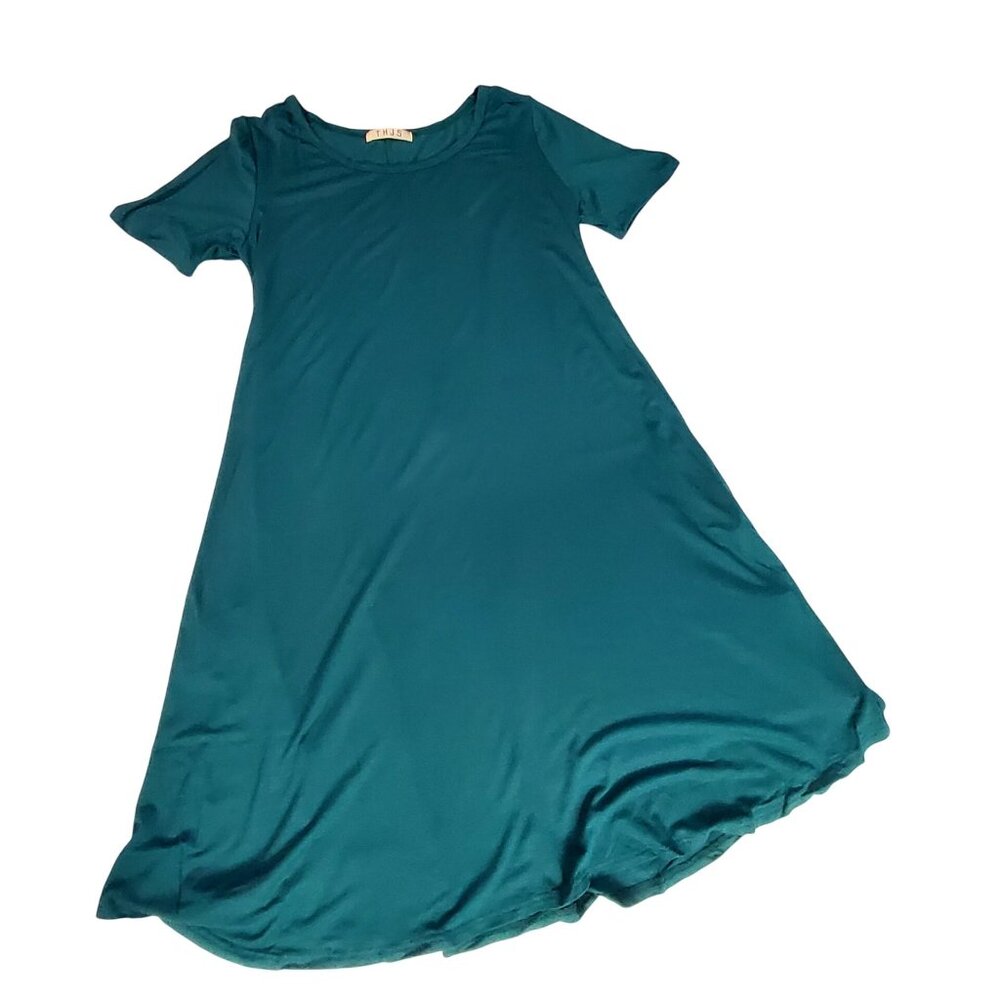 THJS Teal Short-Sleeve A-Line Dress In Soft Rayon spandex blend for comfort M